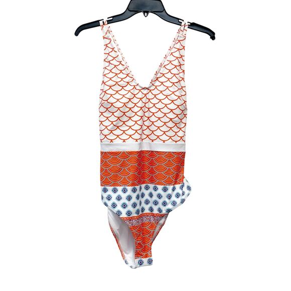 Cupshe Women's Geo Print Scoop Neck One Piece Swimsuit Orange White Size M - Picture 1 of 8